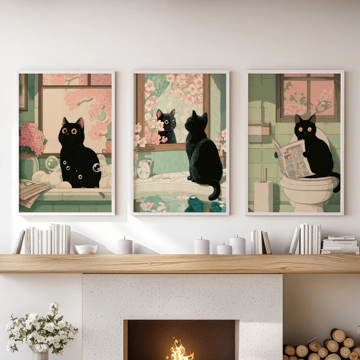 Japanese-style cat on a toilet, a poster trio in white frames, adds witty wall art to the family room above the fireplace.