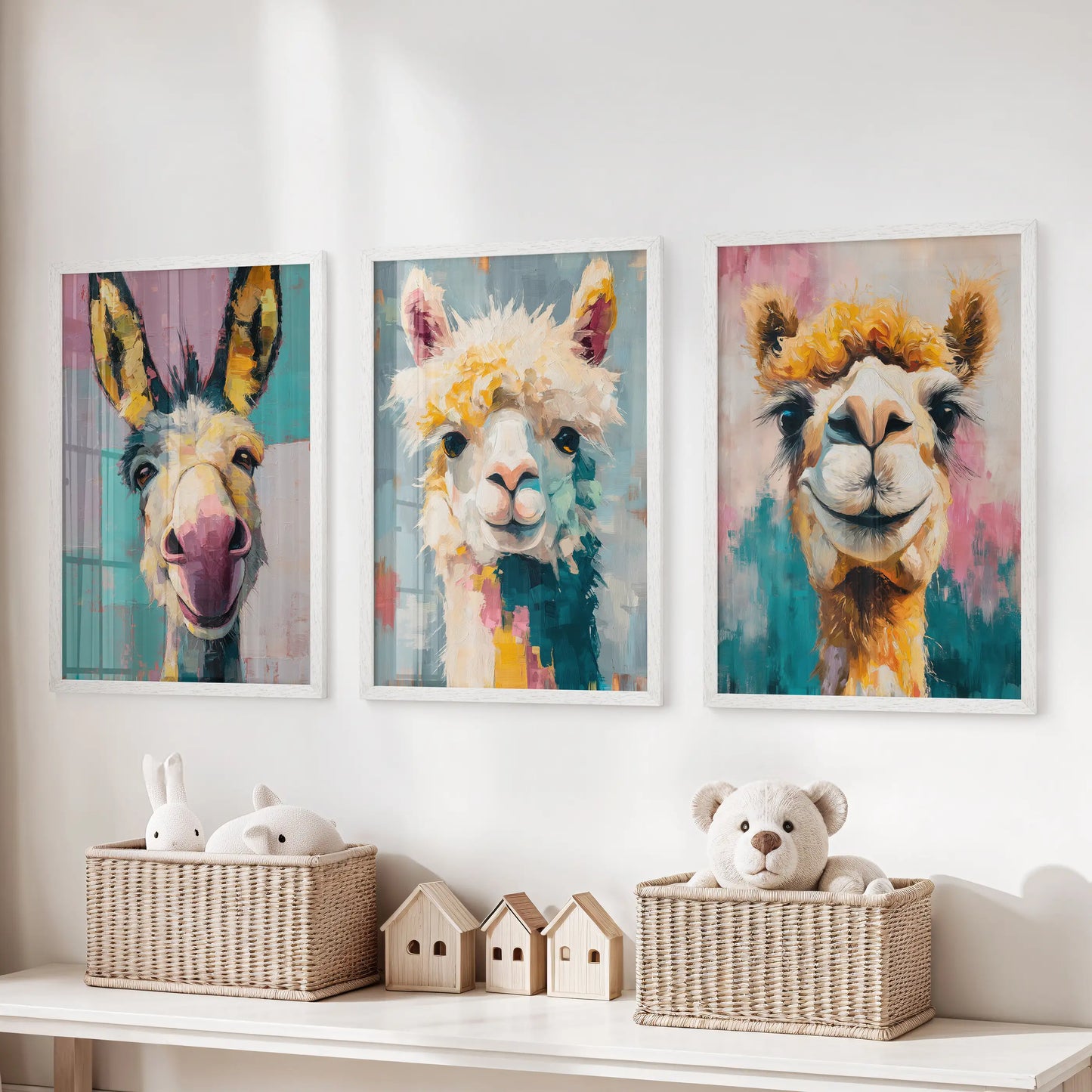 Bright llama portraits in a white-framed 3-piece picture set line the wall above a toy bench, energizing the playroom.