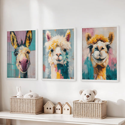 Bright llama portraits in a white-framed 3-piece picture set line the wall above a toy bench, energizing the playroom.