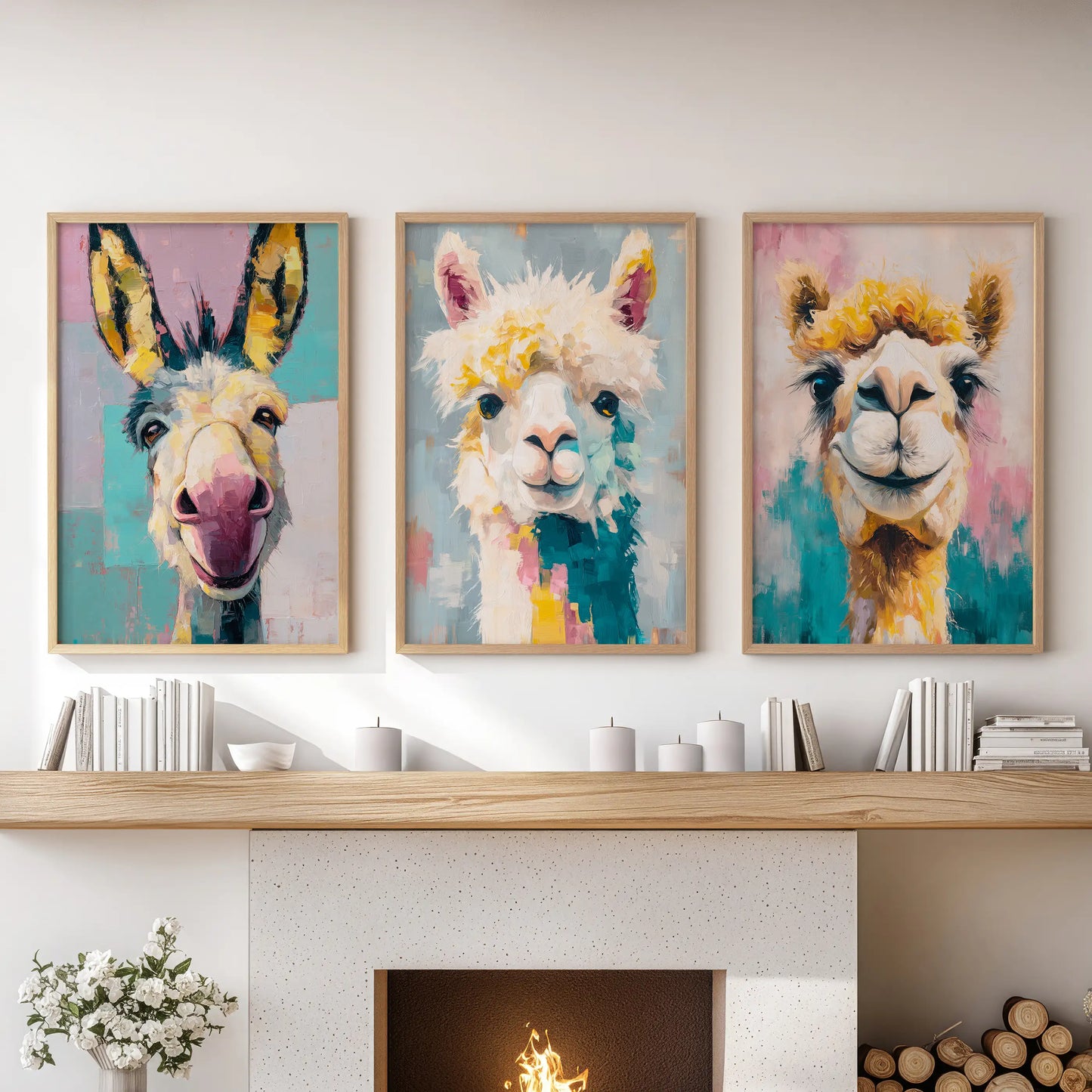 Colorful funny animal decor set of 3 prints with donkey, llama and camel in light wood frames above hearth in family room