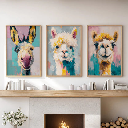 Colorful funny animal decor set of 3 prints with donkey, llama and camel in light wood frames above hearth in family room