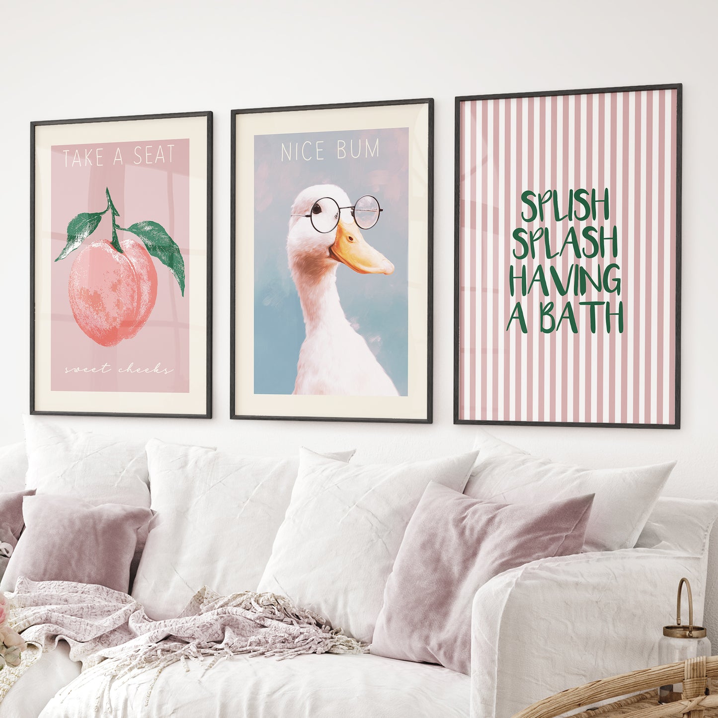 Playful bathroom quote print “Splish Splash Having a Bath” wall art. Black frames for living room.