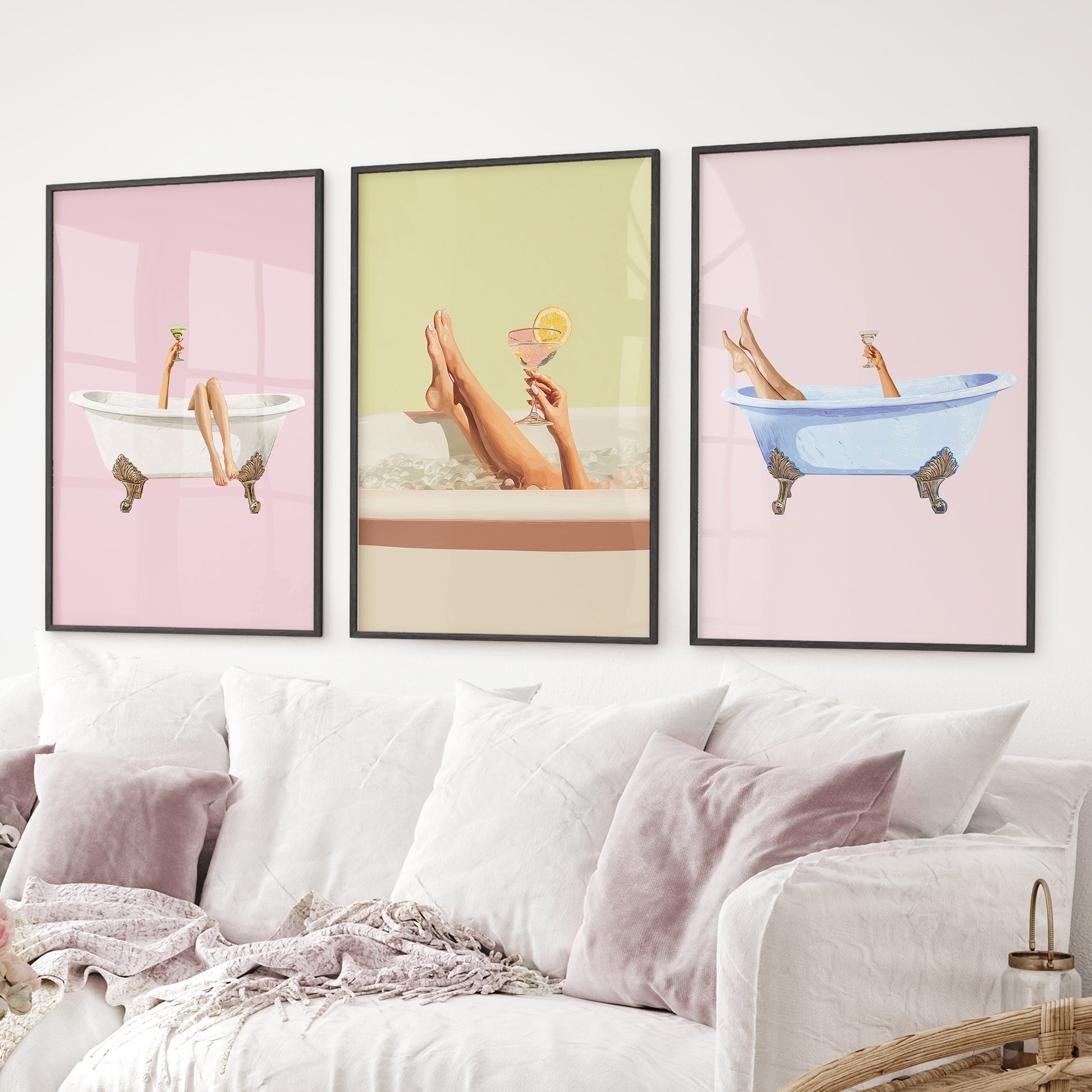 Modern self-care wall decor set of 3 with cocktails in bathtubs. Black frames for living room.
