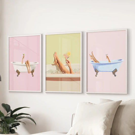 A 3-piece wall art set of playful martini prints in white frames brings color pop energy to the family room wall behind the sofa.