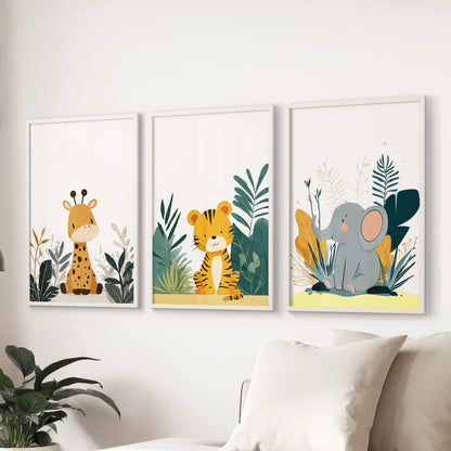 Giraffe, tiger, and elephant 3-piece art set with white frames anchors the family room wall above the sectional sofa.