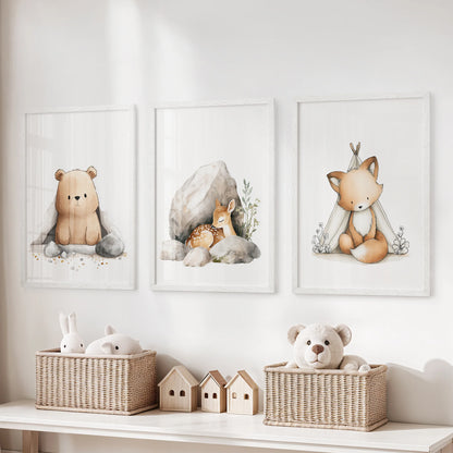 Teddy bear wall art, presented as a white framed 3-set, cozies up the kids room above the toy storage bench with a playful warmth.