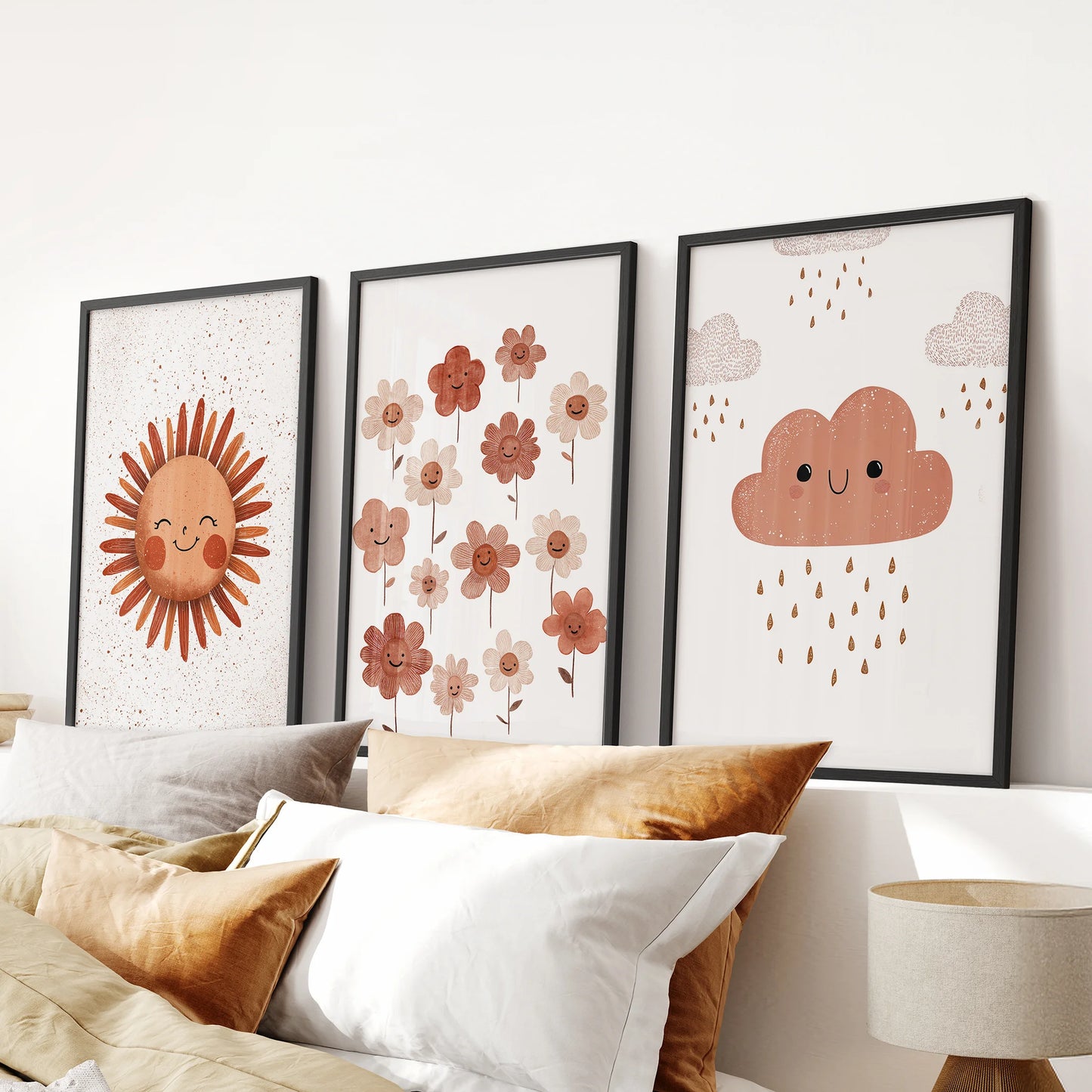 Floral bloom illustrations in a three-piece wall art set with black frames mounted above the bedroom headboard, keeping the palette soft and neutral.