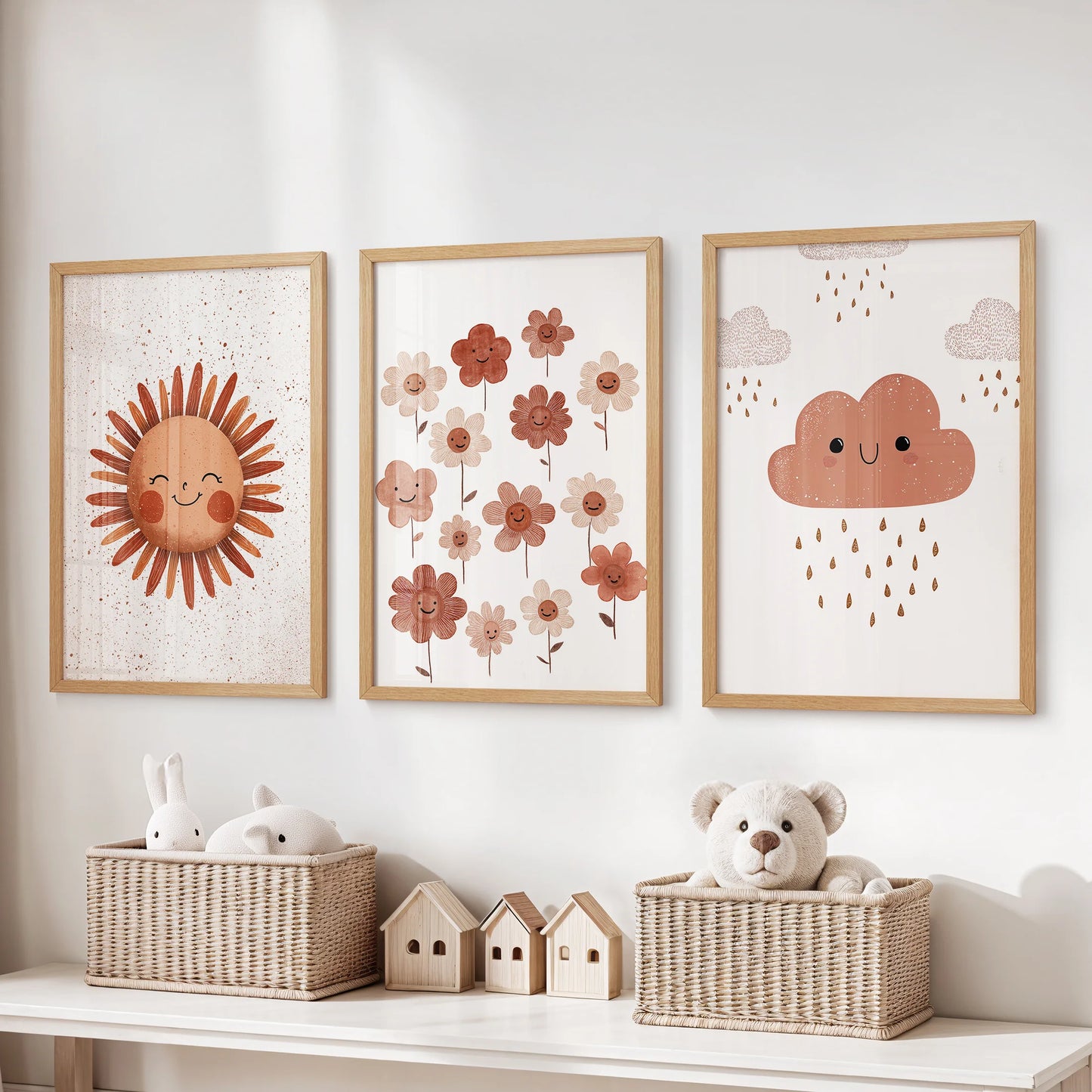 Floral bloom warm terracotta, blush, and beige tones illustrations in a wood-framed set of three wall art pieces positioned above the kids playroom toy organizer, adding soft, neutral color.