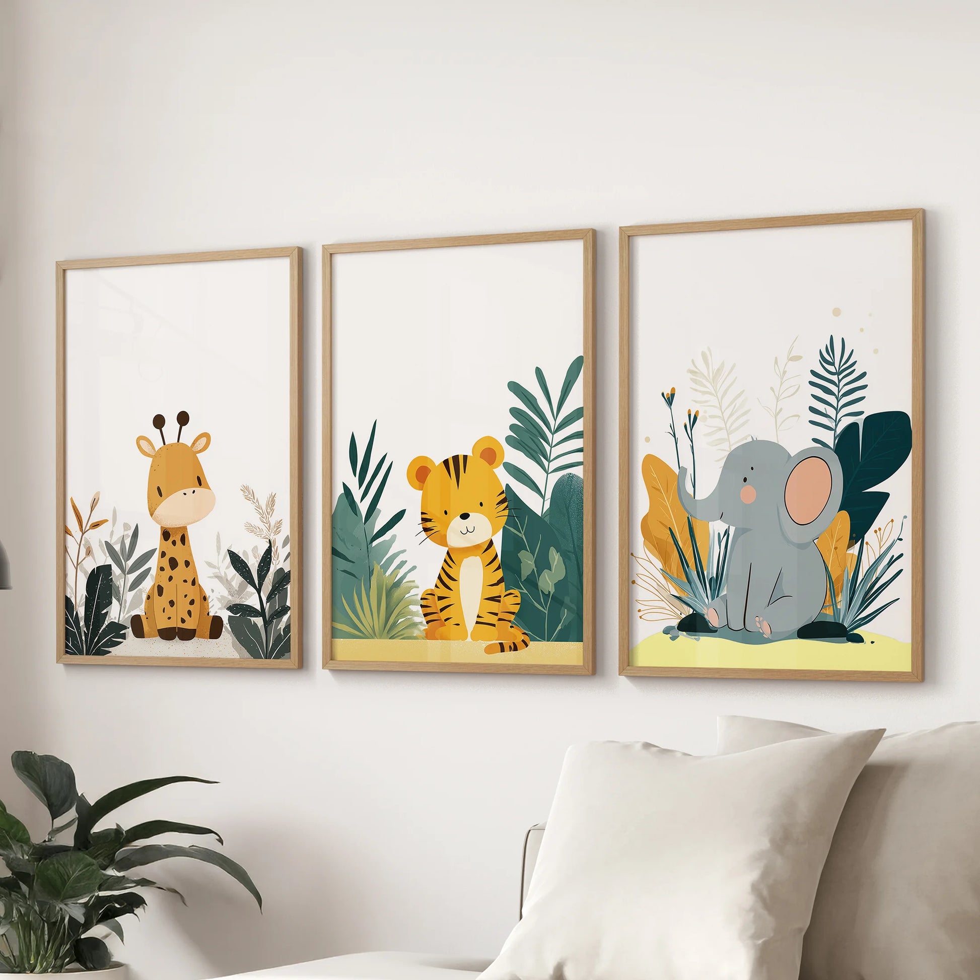 Giraffe, tiger, and elephant 3-piece artwork set in oak frames spans the lounge wall over the sectional, blending soft watercolor wildlife with modern warmth.