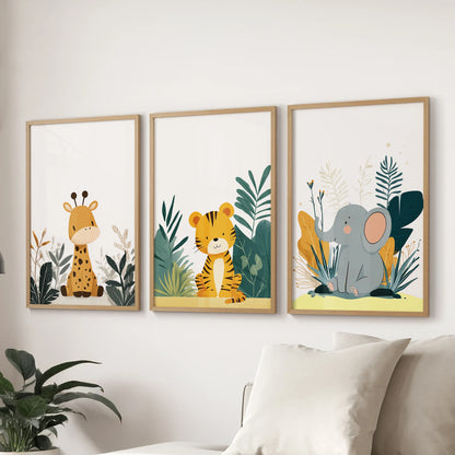 Giraffe, tiger, and elephant 3-piece artwork set in oak frames spans the lounge wall over the sectional, blending soft watercolor wildlife with modern warmth.