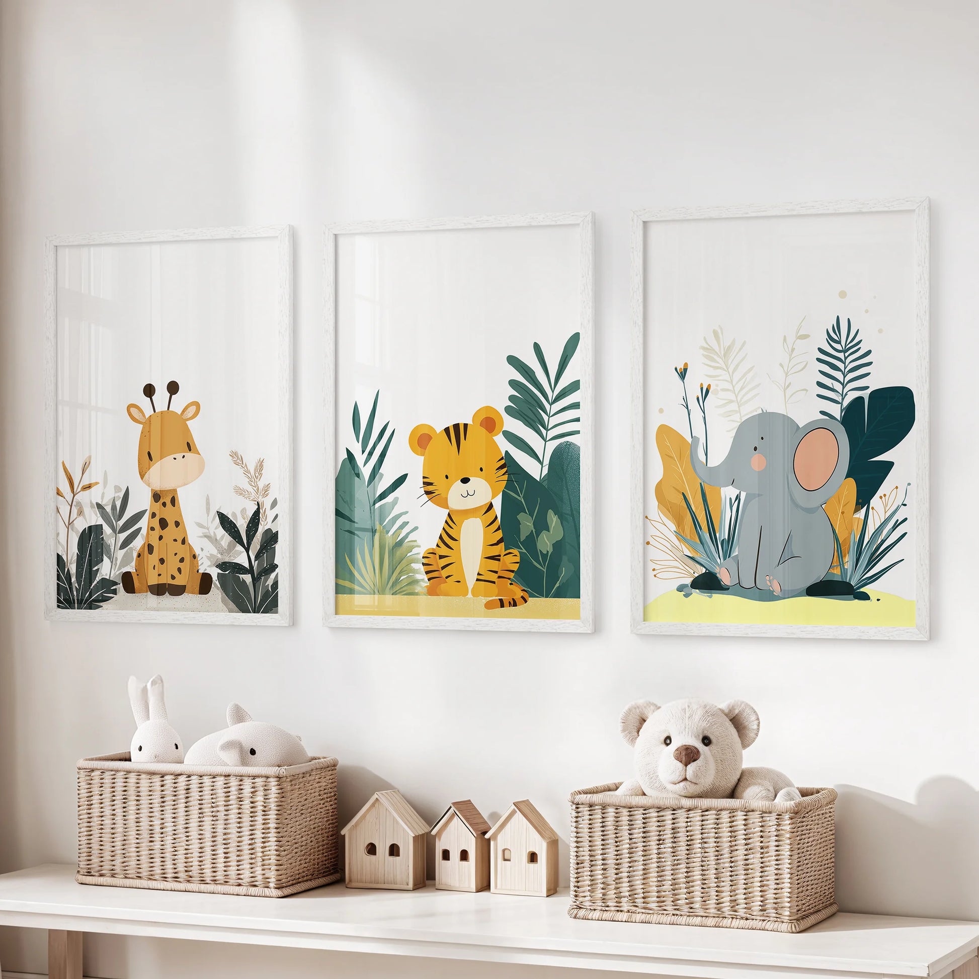 Minimalist animal illustrations, a 3-print wall art set in clean white frames, brighten a children's room above the storage bench.