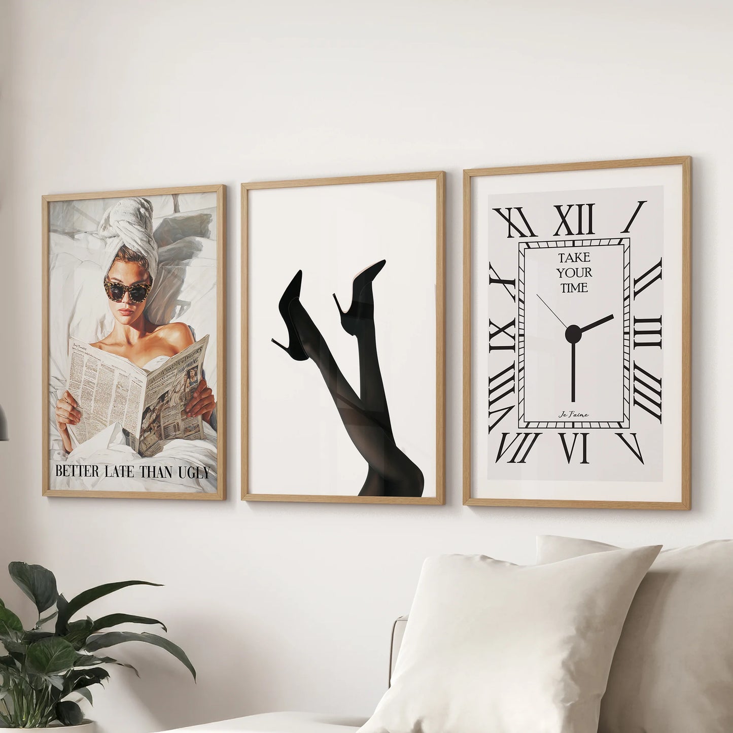 Glamour chic poster, an art trio in natural wood frames, hangs above the sectional sofa to elevate the lounge with chic wall art.