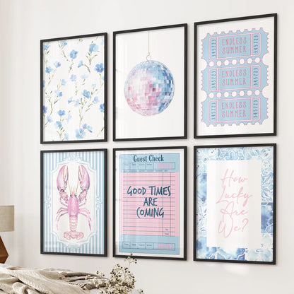 Blue and pink preppy coastal prints, set of 6, framed in black and hung on a bedroom wall for a breezy, beachy splash of color.
