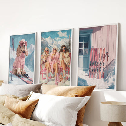 Apres-ski posters, a set of three, in clean white frames for the bedroom, ideal above the bed with playful, preppy ski-lodge energy.