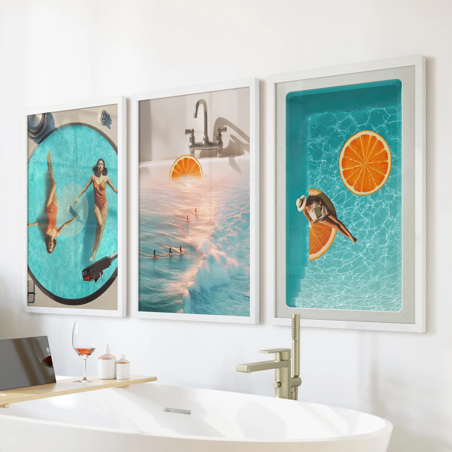 Playful surf-inspired posters in a three-print white-framed set echo summery hues above the bathroom tub.
