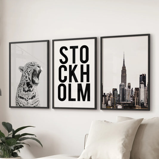 Y2K fashion editorial posters, a 3-piece art set in sleek black frames, arranged behind the lounge couch for a bold, magazine-chic focal line.