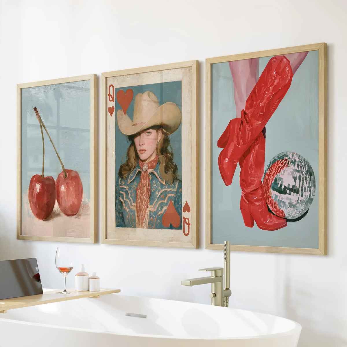 Disco cowgirl with a mirrored ball three-piece poster set, finished in natural oak frames, glows above the tub and adds sparkle to the bathroom.