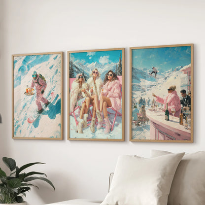 Apres-ski scenes in a three-print set of natural wood framed wall art, placed above the sectional to cozy up the lounge with relaxed lodge energy.