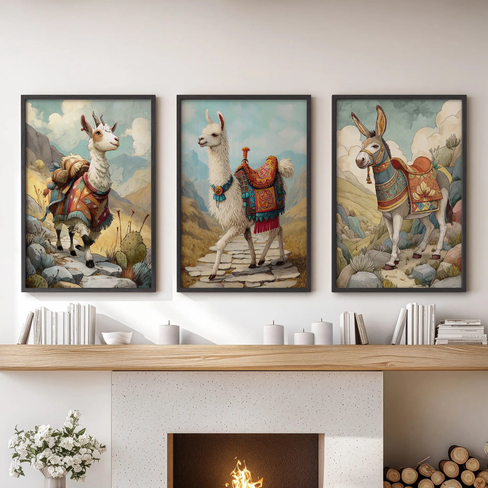 Goat art prints, three-piece set, anchor a living room with black frames displayed over the mantel, mixing rustic character with clean, modern lines.