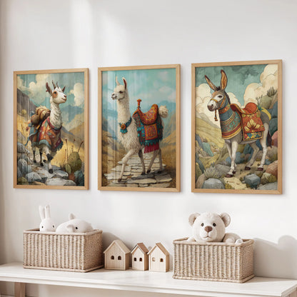 This oak-framed 3-print alpaca art set hangs over the toy bench, warming the playroom with friendly detail and soft natural tone.
