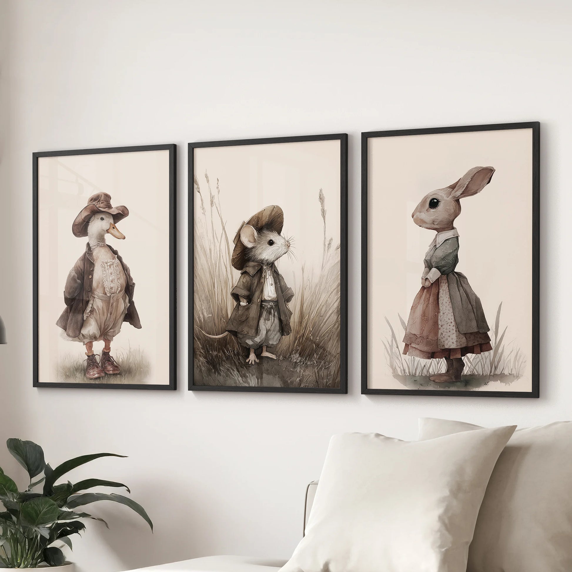 Cute mouse poster, set of three wall art in black frames, styled above the family-room sofa with coordinating vintage goose and rabbit.