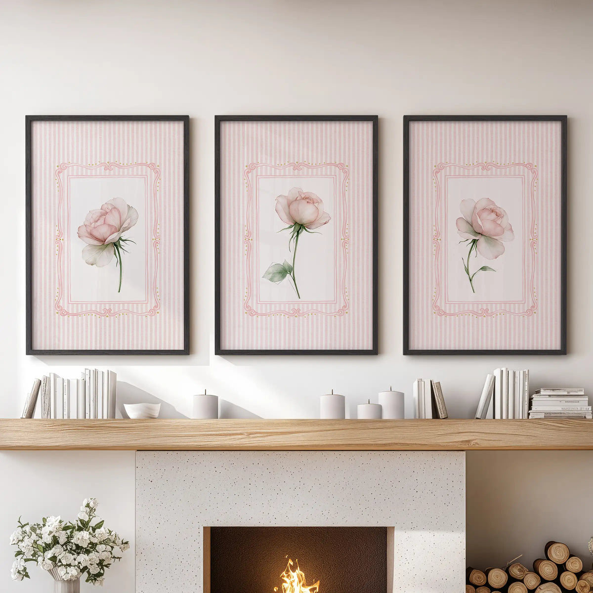 Three-piece floral bouquet wall art set in black frames, displayed over the hearth in a family room.