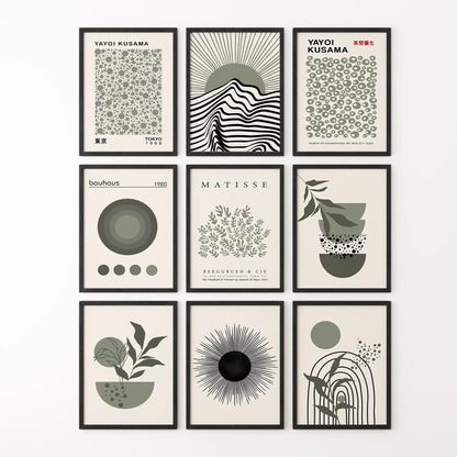 Scandinavian style abstract wall decor with a 9 piece mid-century modern prints. Black frames for office.