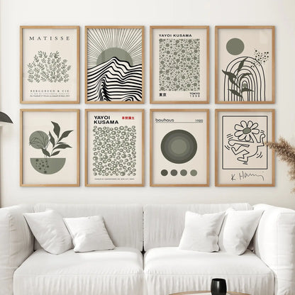 Sage green gallery wall set of 8 in wood frames, abstract prints for creative interiors