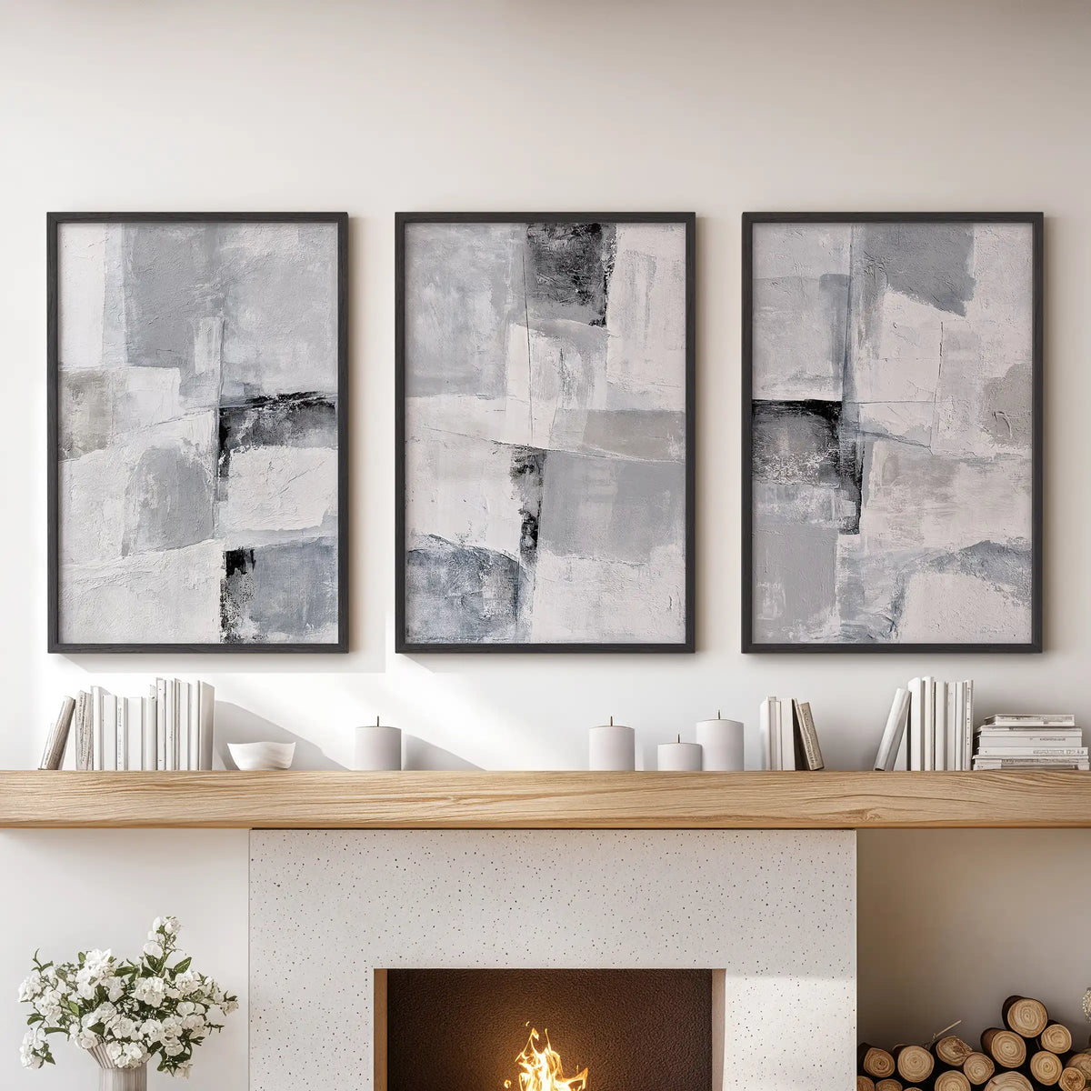 Monochrome minimalist abstracts wall decor set of three arrives in black framed prints, styled over the mantle to ground the sitting room in cool balance.