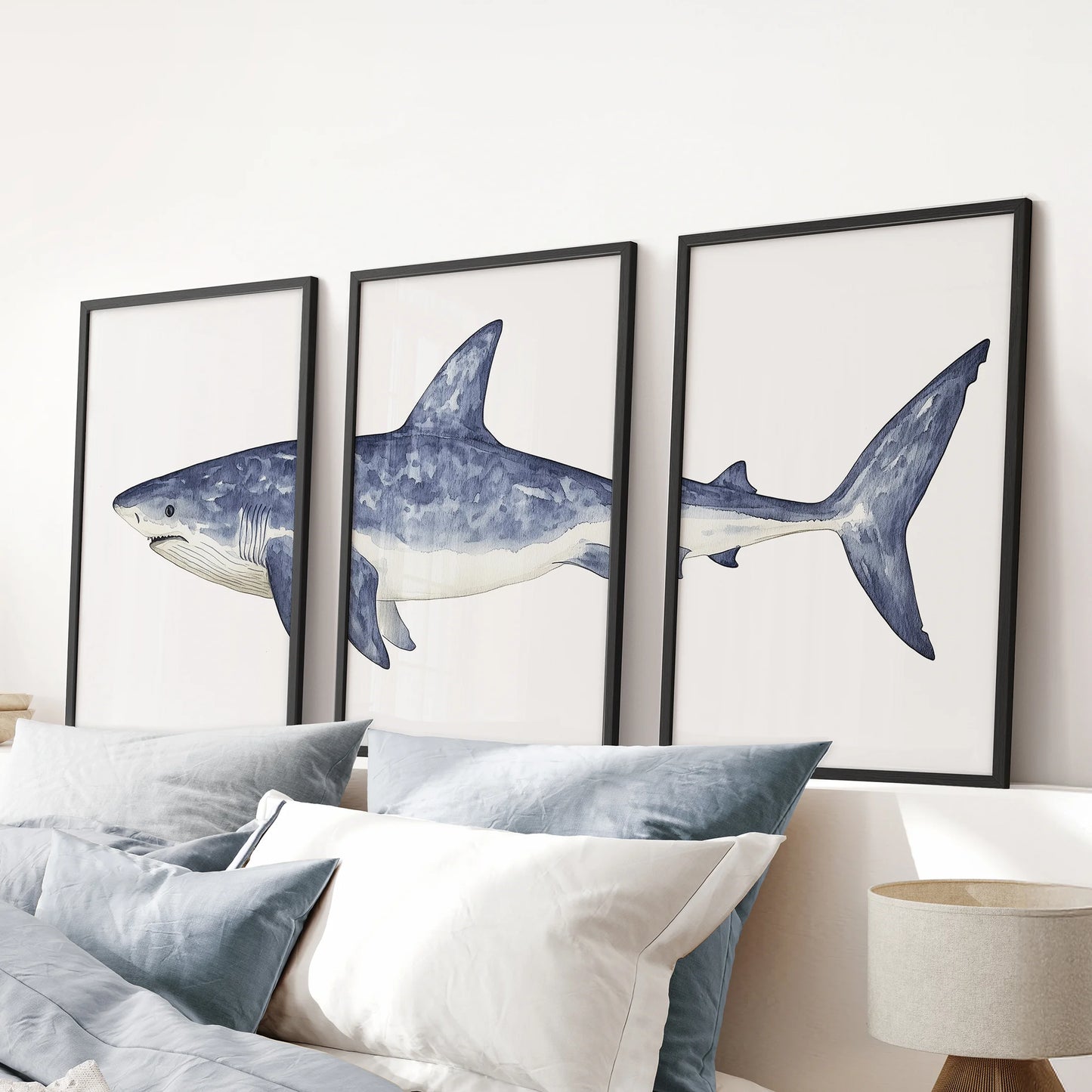 Shark Wall Art. Set of 3 Watercolor Ocean Animal Prints