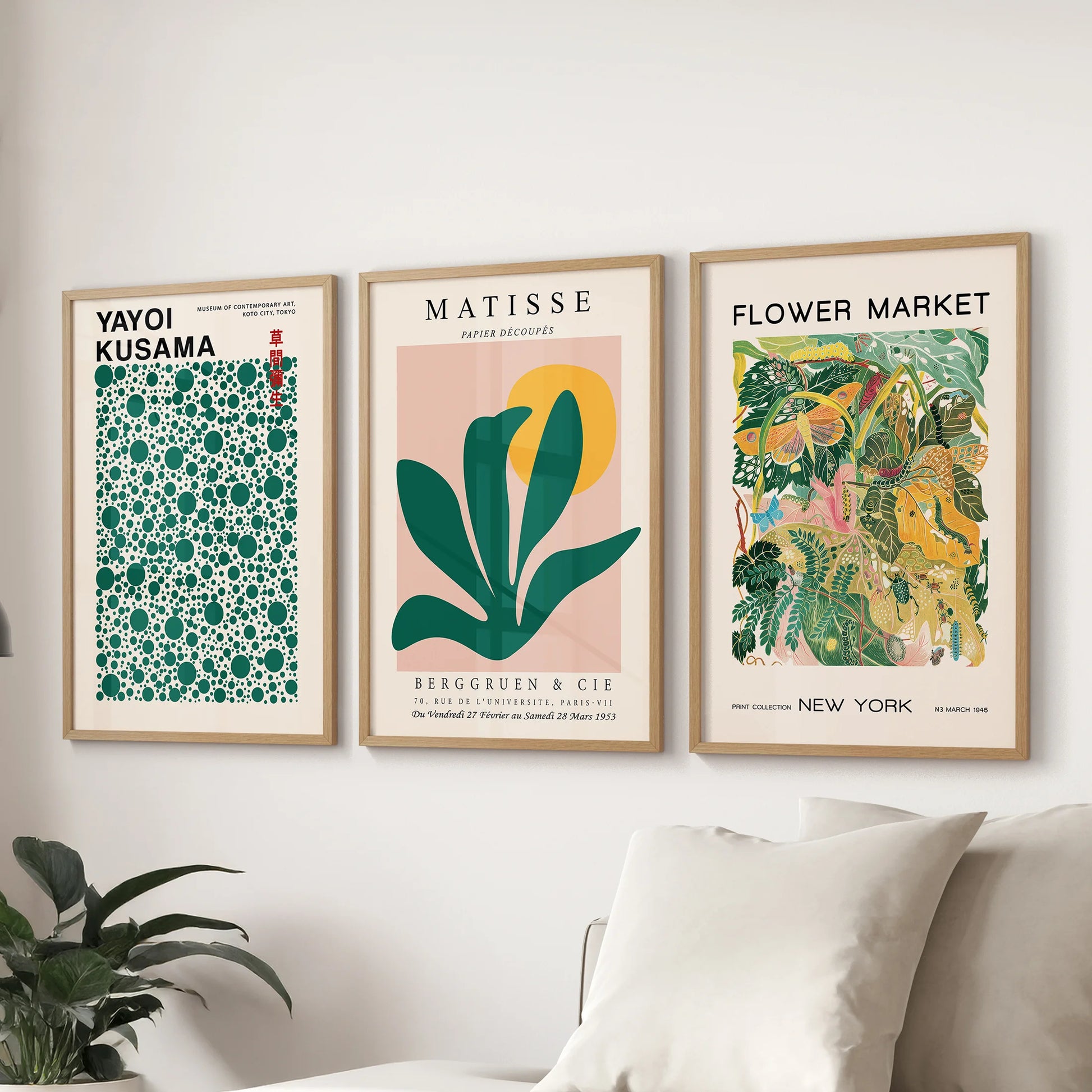 Yayoi Kusama, flower market wall art in a three-print set, framed in solid oak and hung over the sitting room sofa in a crisp green-and-yellow palette.