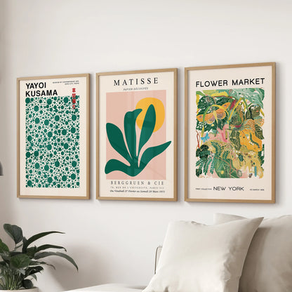 Yayoi Kusama, flower market wall art in a three-print set, framed in solid oak and hung over the sitting room sofa in a crisp green-and-yellow palette.