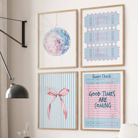 Four guest check receipt artworks in light oak frames line the wall above the sectional, bringing cozy diner nostalgia to the sitting area.