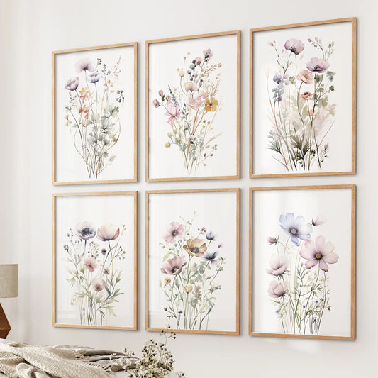 Watercolor botanical gallery wall in wood frames, set of 6 floral prints