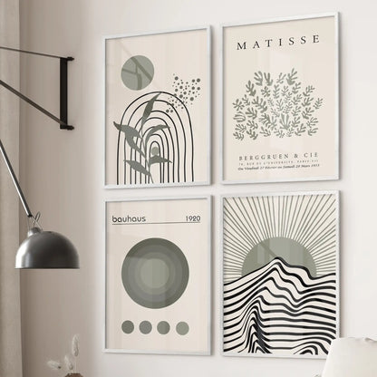 Minimalist sage green Bauhaus prints in white oak frames, 4-piece gallery wall