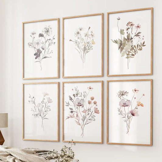 Floral watercolor wall art set of 6 in wood frames, botanical decor for living room