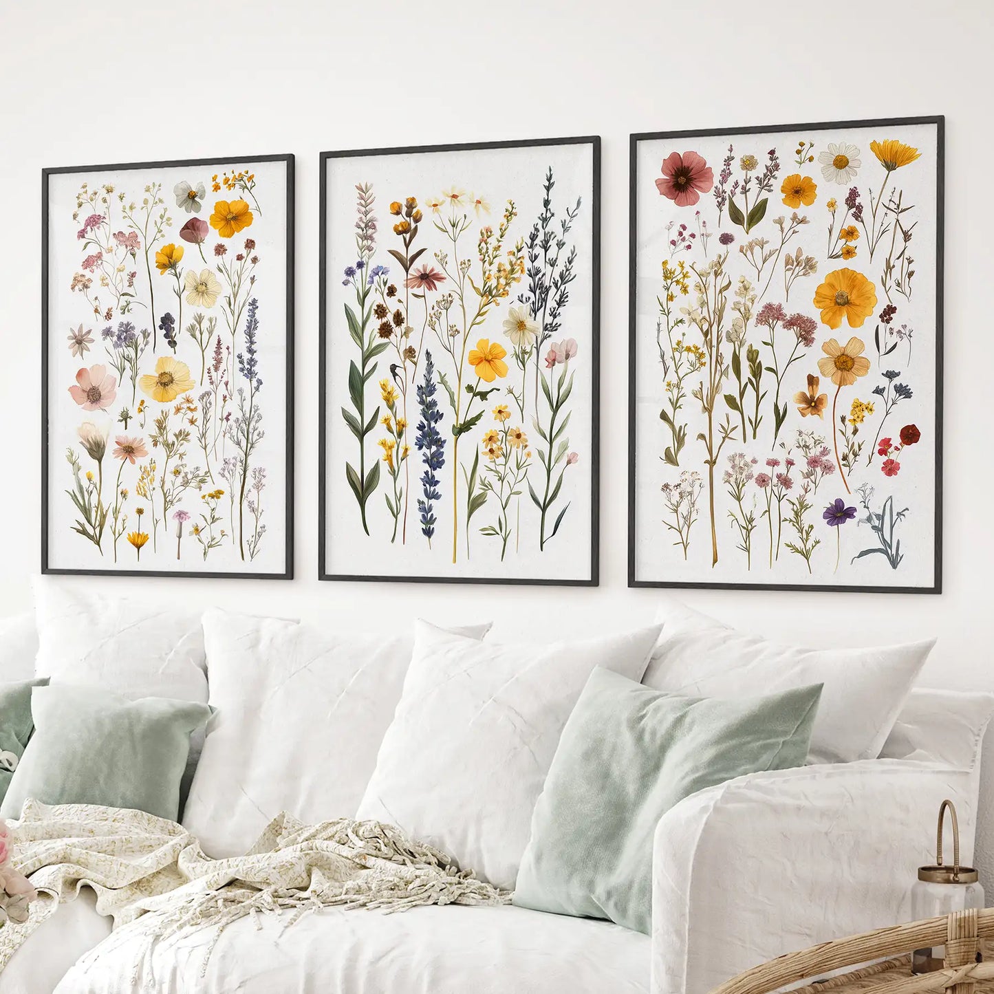 Botanical poster set with yellow, pink, and lavender flowers. Cottagecore art decor. Black frames above the sofa.