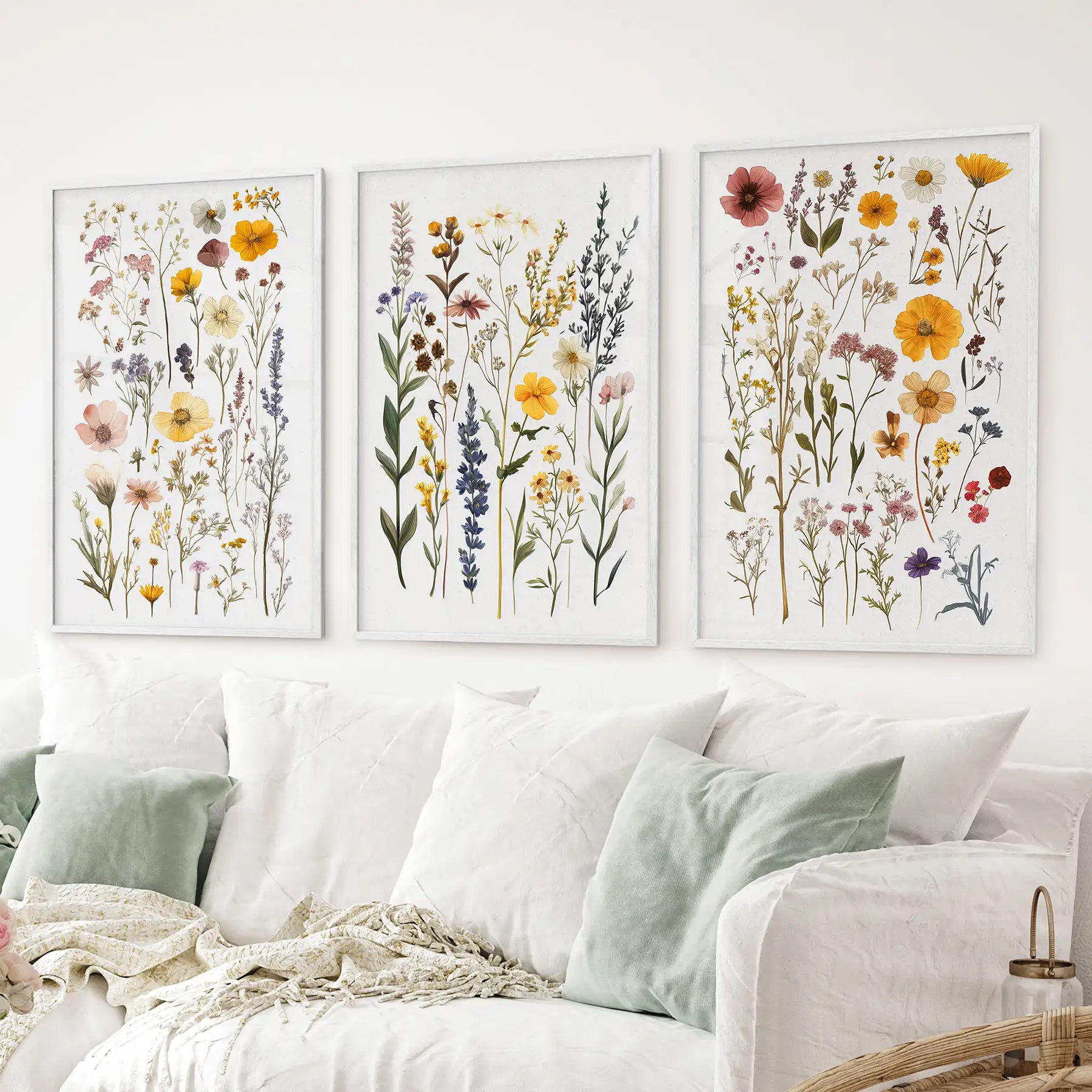 Cottagecore floral wall art set of 3 with delicate field flowers. White frames for living room.