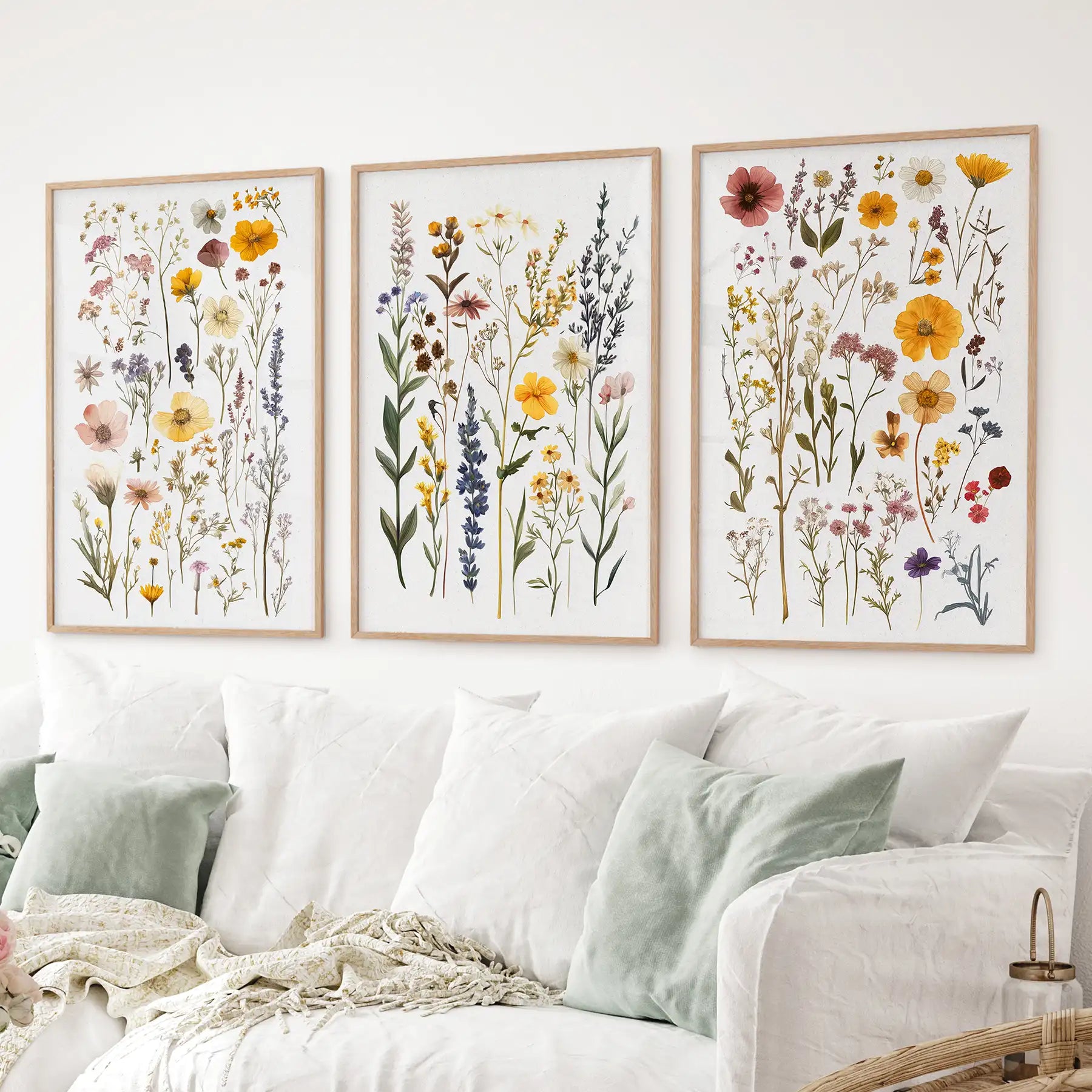 Set of 3 vintage wildflower prints with colorful botanical illustrations. Thinwood frames over the couch.