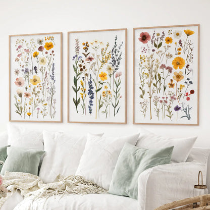Set of 3 vintage wildflower prints with colorful botanical illustrations. Thinwood frames over the couch.