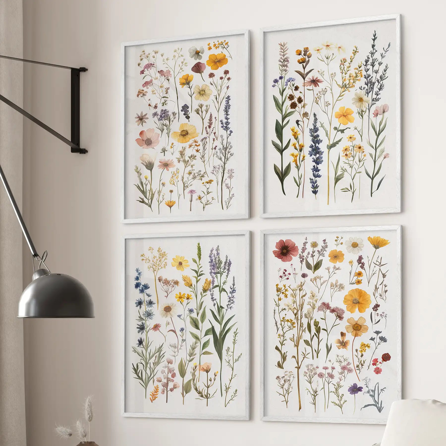 Meadow inspired botanical wall art  watercolor wildflower print set of 4. White frames for living room.