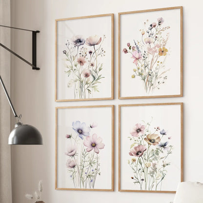 Watercolor floral art in wood frames, neutral botanical set of 4 for nature-inspired bedroom