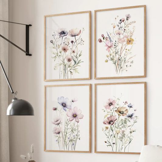 Watercolor floral art in wood frames, neutral botanical set of 4 for nature-inspired bedroom