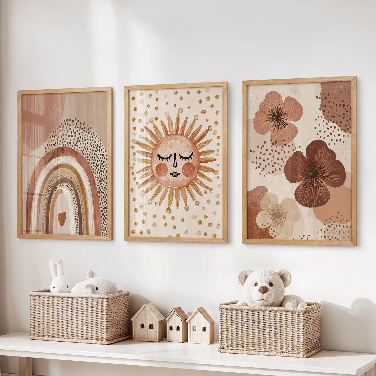 This cheerful flowers wall art of three pieces in warm wooden frames livens the playroom, hung neatly above the storage bench.