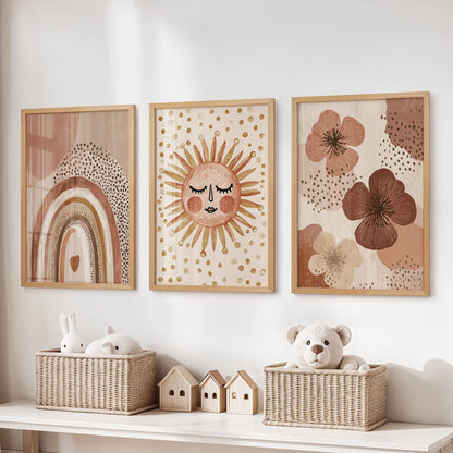 This cheerful flowers wall art of three pieces in warm wooden frames livens the playroom, hung neatly above the storage bench.