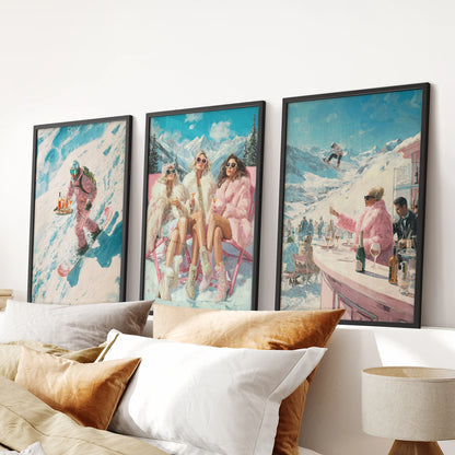 A stylish wall art 3 set featuring apres-ski scenes in sleek black frames, hung over the bed headboard to give the bedroom a cozy lodge tone.