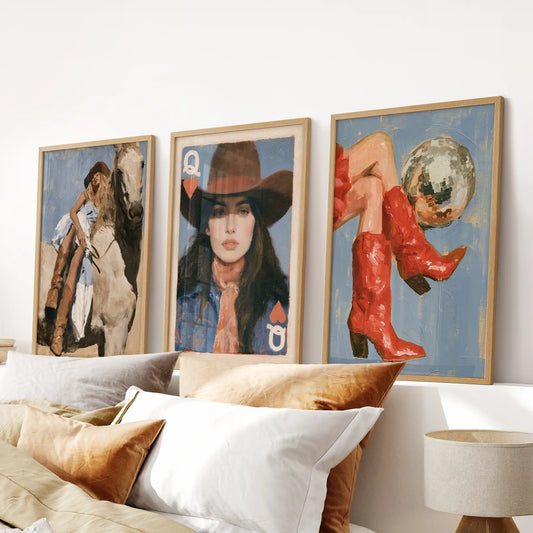 Horse and rider wood-framed trio of wall art, stationed above the bed headboard to add a serene, prairie feel to the bedroom.