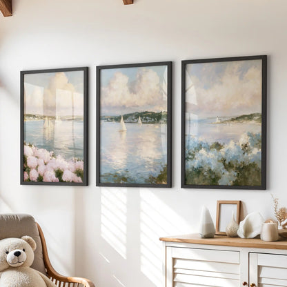 A 3-piece wall art print set of hydrangea beach flowers brightens the playroom above the dresser. Black frames pair with breezy sea-and-sand hues.