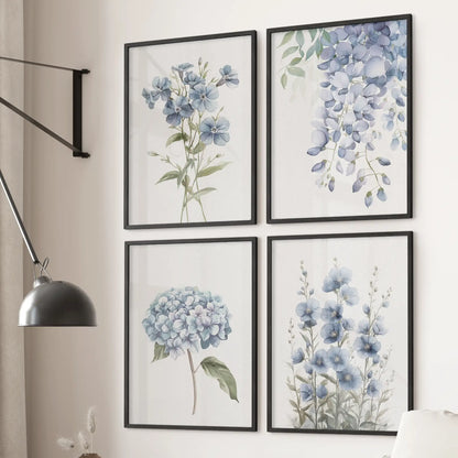 Modern large prints Hydrangea  wall art. Wildflowers watercolor apartment decor set. Black frames for bedroom.