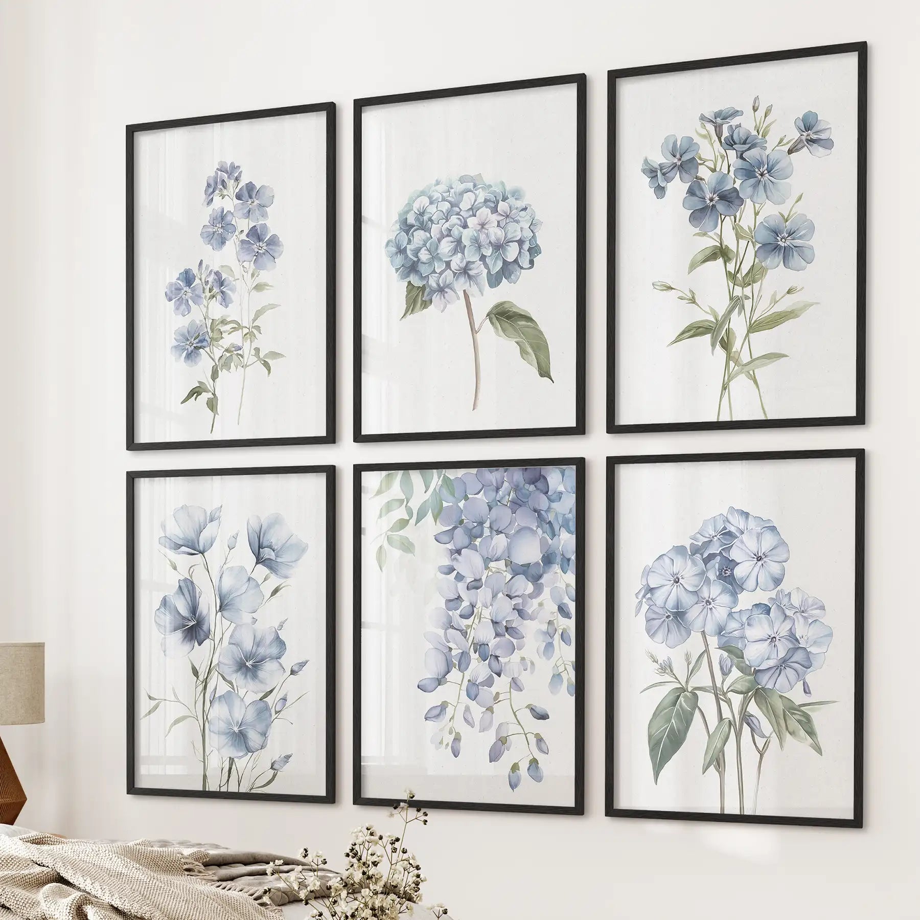 Modern 6 piece flower art set. Flax, Wisteria, wildflowers watercolor painting prints. Black frames for living room.